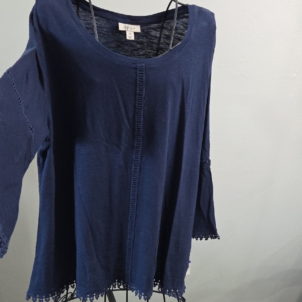 Style & Co. Deep Blue Blouse with Lace Trim